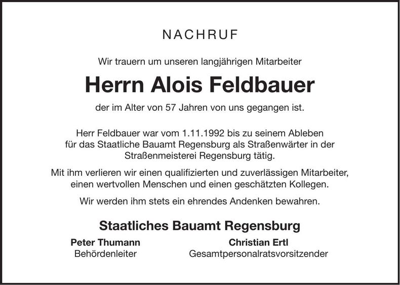 Traueranzeige Alois Feldbauer