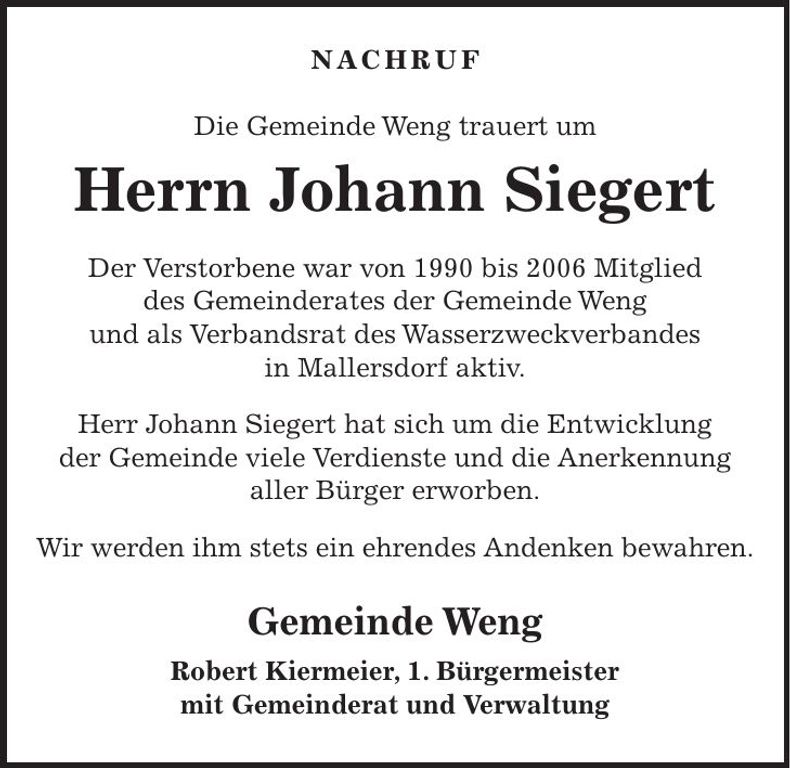 Traueranzeige Johann Siegert