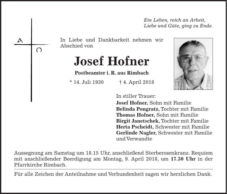 Traueranzeige Josef Hofner