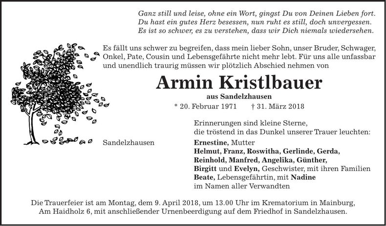 Traueranzeige Armin Kristlbauer