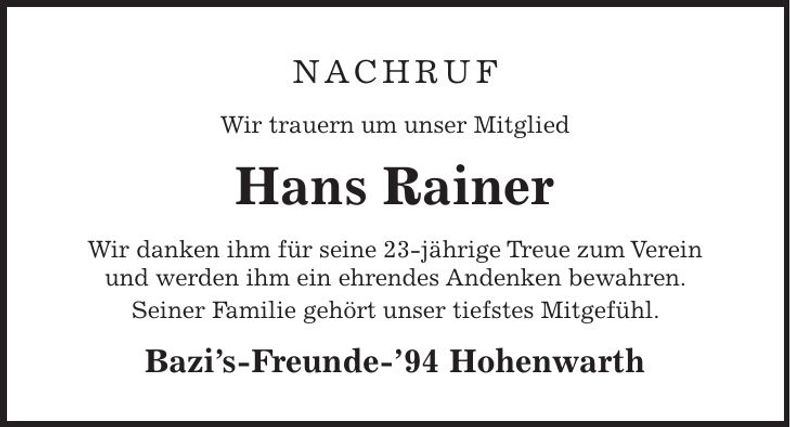 Traueranzeige Hans Rainer