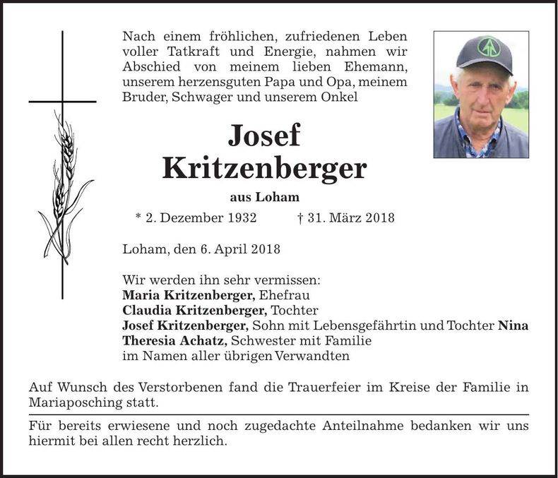 Traueranzeige Josef Kritzenberger
