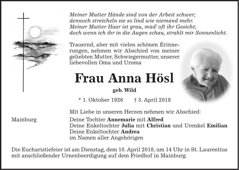 Traueranzeige Anna Hösl