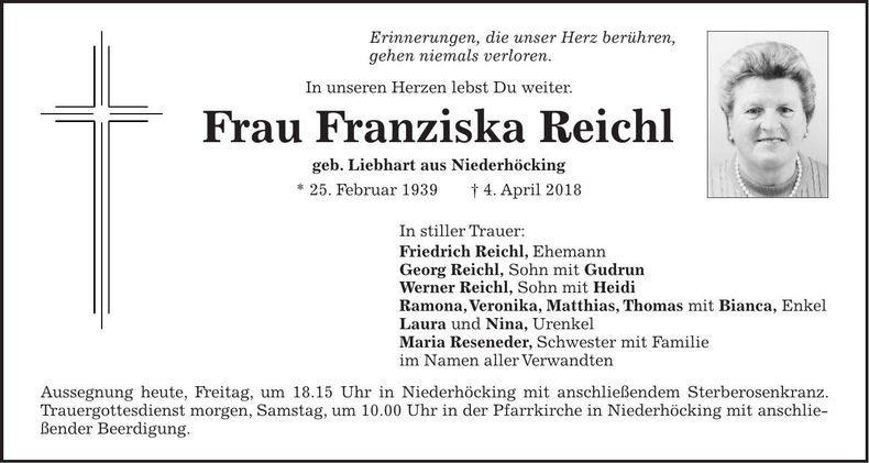 Traueranzeige Franziska Reichl