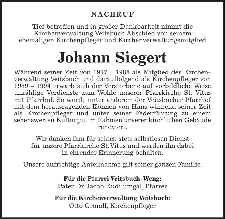 Traueranzeige Johann Siegert