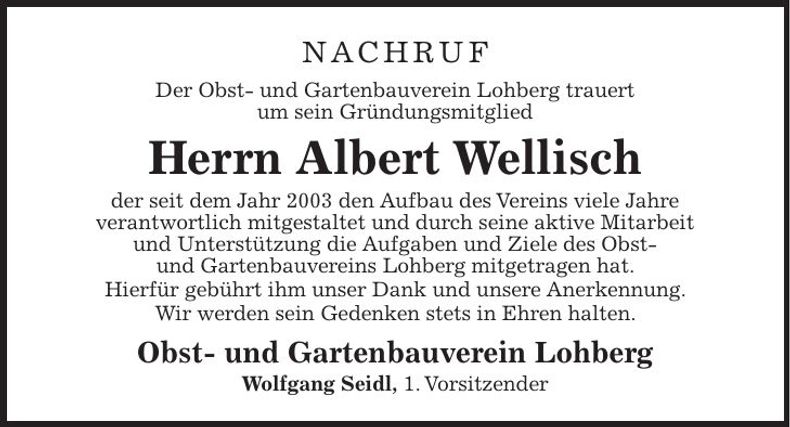 Traueranzeige Albert Wellisch