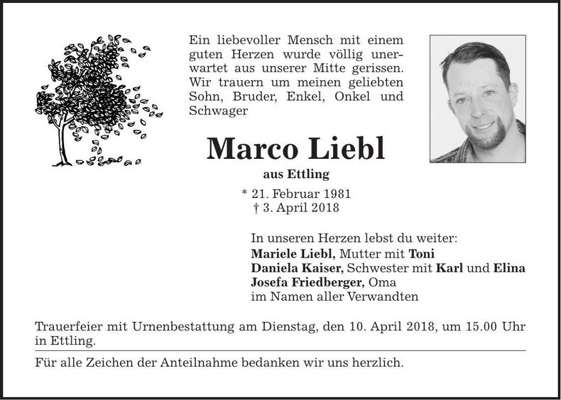 Traueranzeige Marco Liebl
