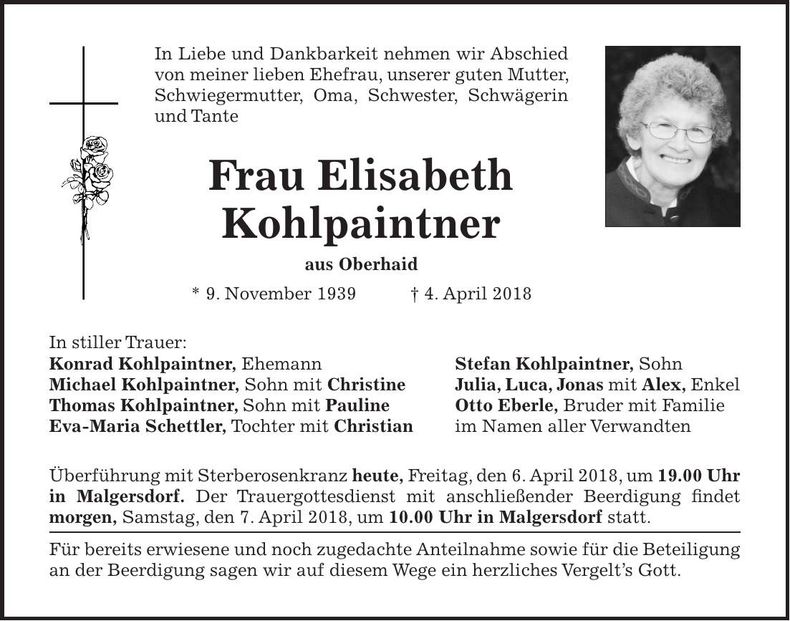 Traueranzeige Elisabeth Kohlpaintner