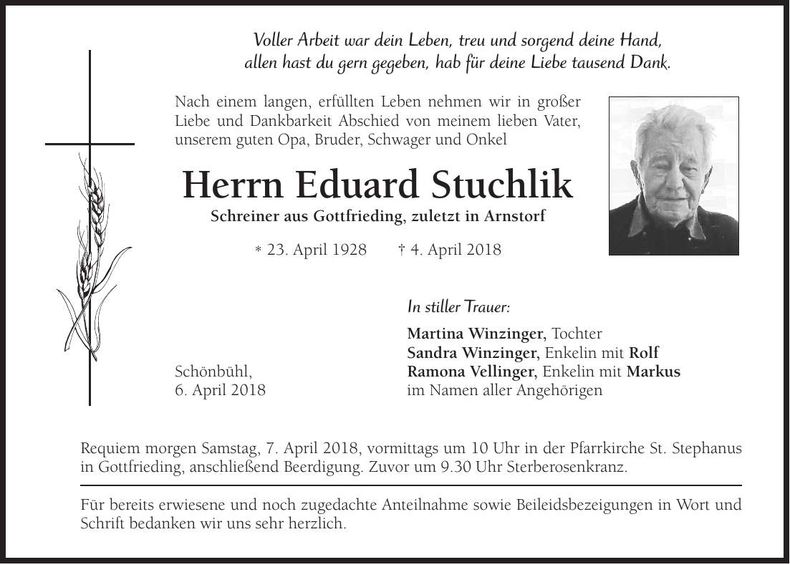 Traueranzeige Eduard Stuchlik