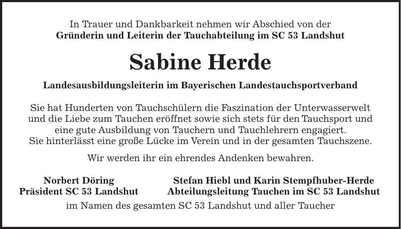 Traueranzeige Sabine Herde