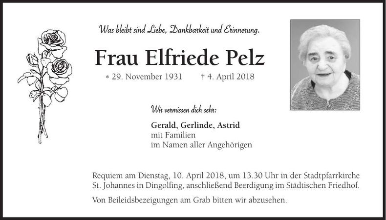 Traueranzeige Elfriede Pelz