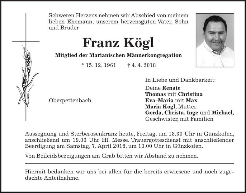 Traueranzeige Franz Kögl