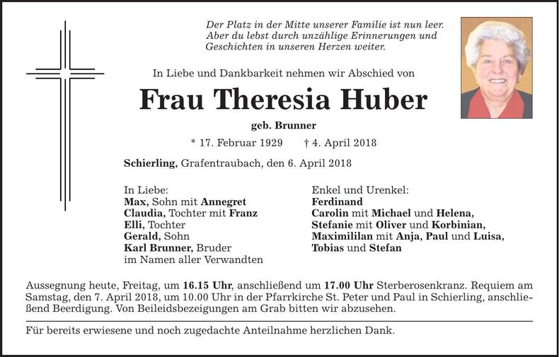Traueranzeige Theresia Huber