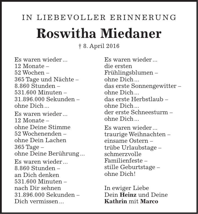 Traueranzeige Roswitha Miedaner