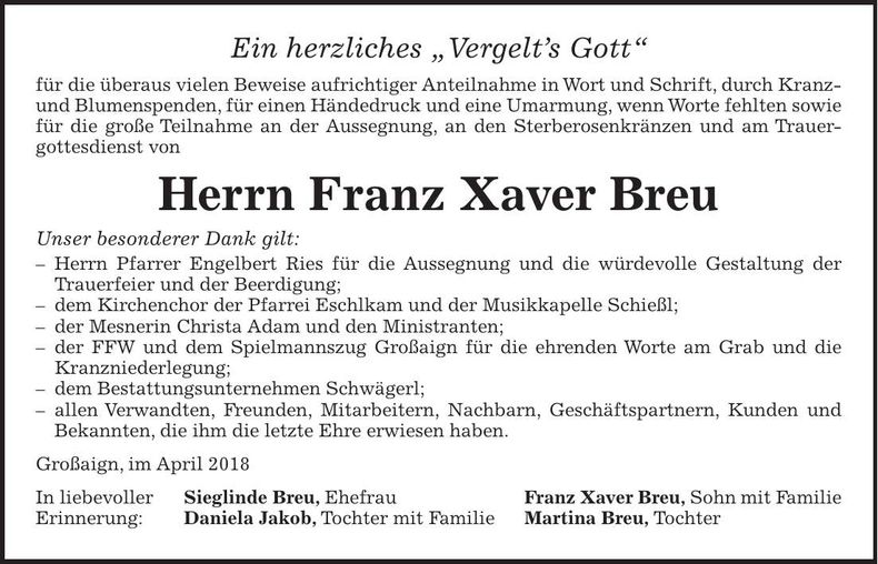 Traueranzeige Franz-Xaver Breu