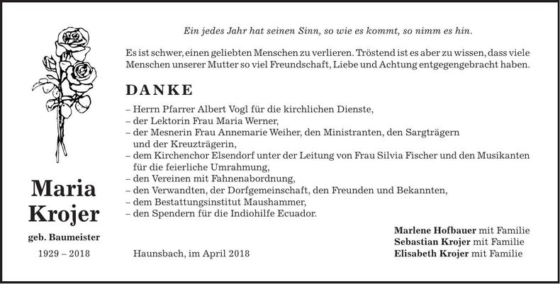 Traueranzeige Maria Krojer