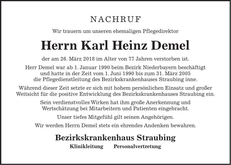 Traueranzeige Karl-Heinz Demel