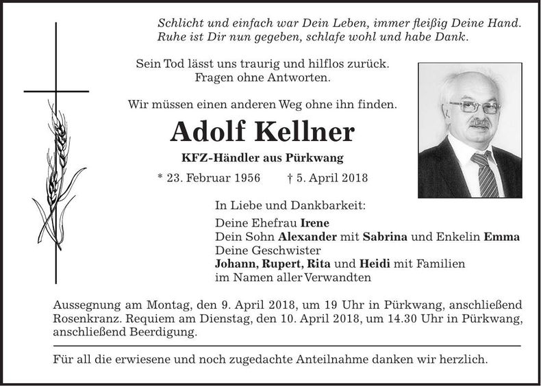 Traueranzeige Adolf Kellner