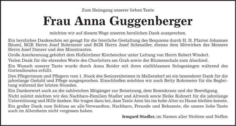 Traueranzeige Anna Guggenberger