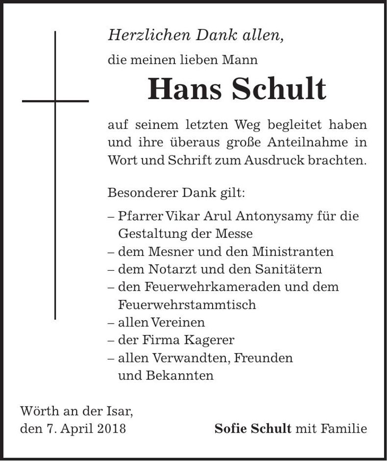 Traueranzeige Hans Schult