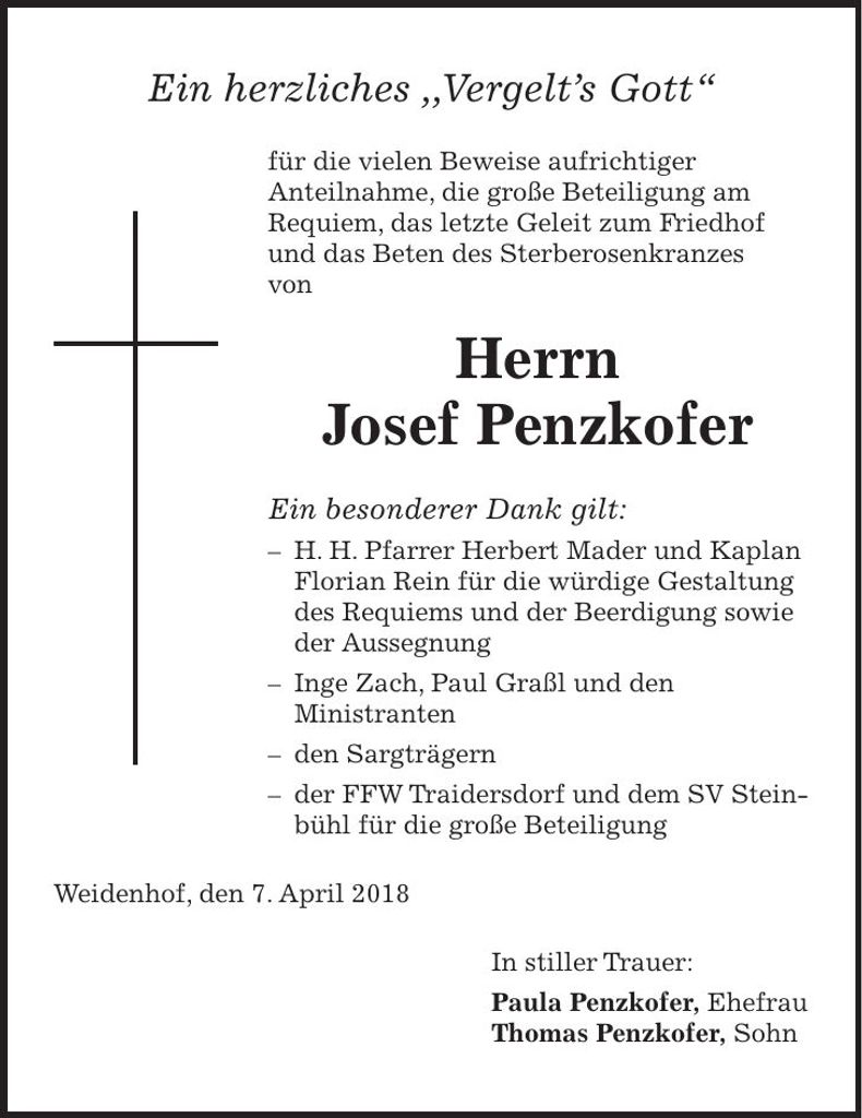 Traueranzeige Josef Penzkofer
