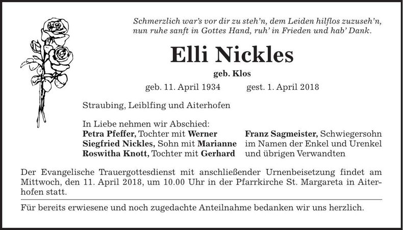 Traueranzeige Elli Nickles
