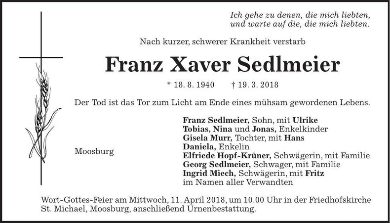 Traueranzeige Franz Xaver Sedlmeier