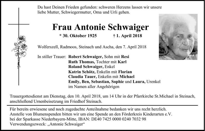 Traueranzeige Antonie Schwaiger