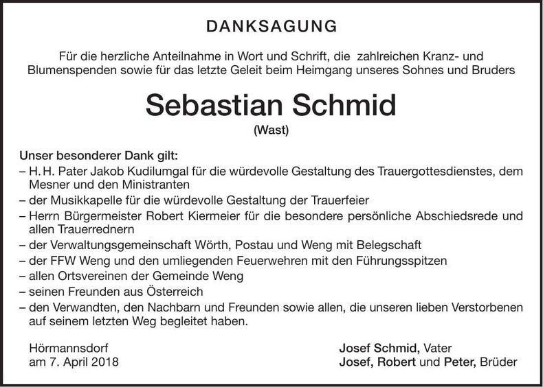 Traueranzeige Sebastian Schmid