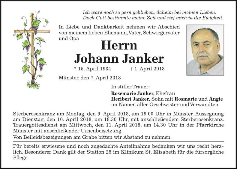 Traueranzeige Johann Janker