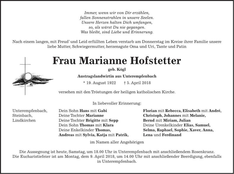 Traueranzeige Marianne Hofstetter