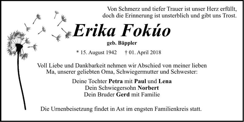 Traueranzeige Erika Fokúo