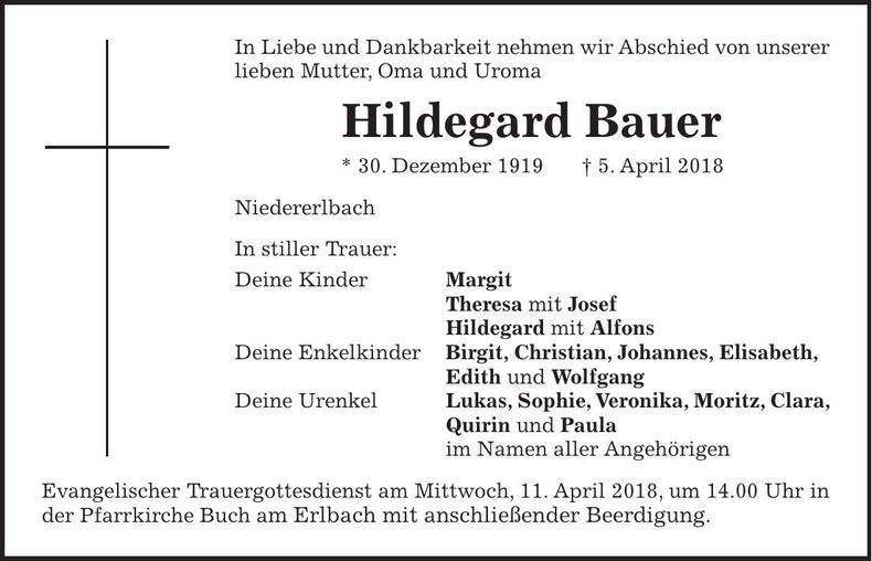 Traueranzeige Hildegard Bauer