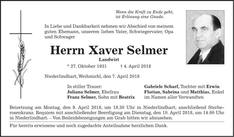 Traueranzeige Xaver Selmer