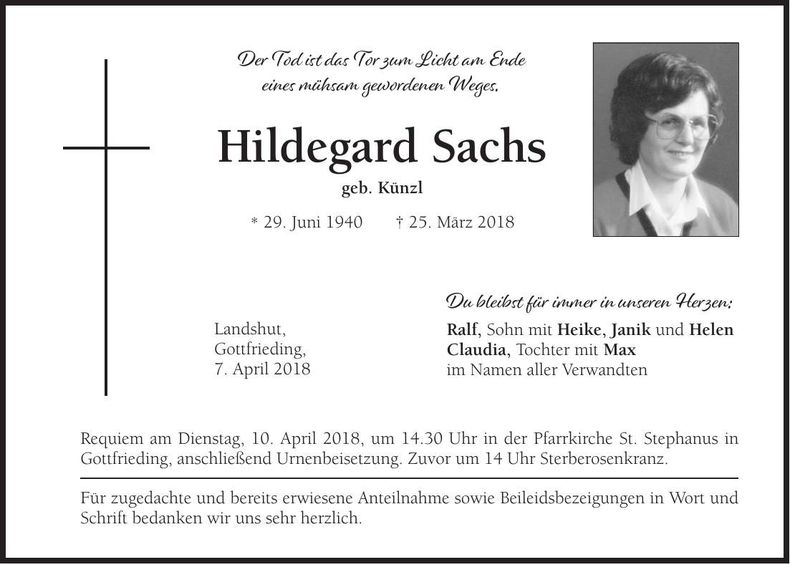 Traueranzeige Hildegard Sachs