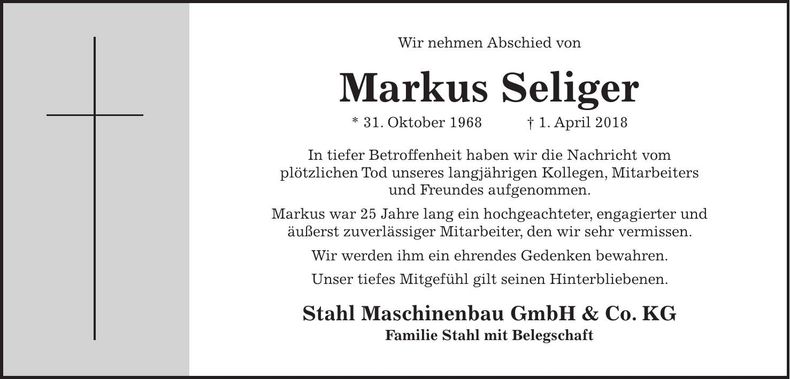 Traueranzeige Markus Seliger