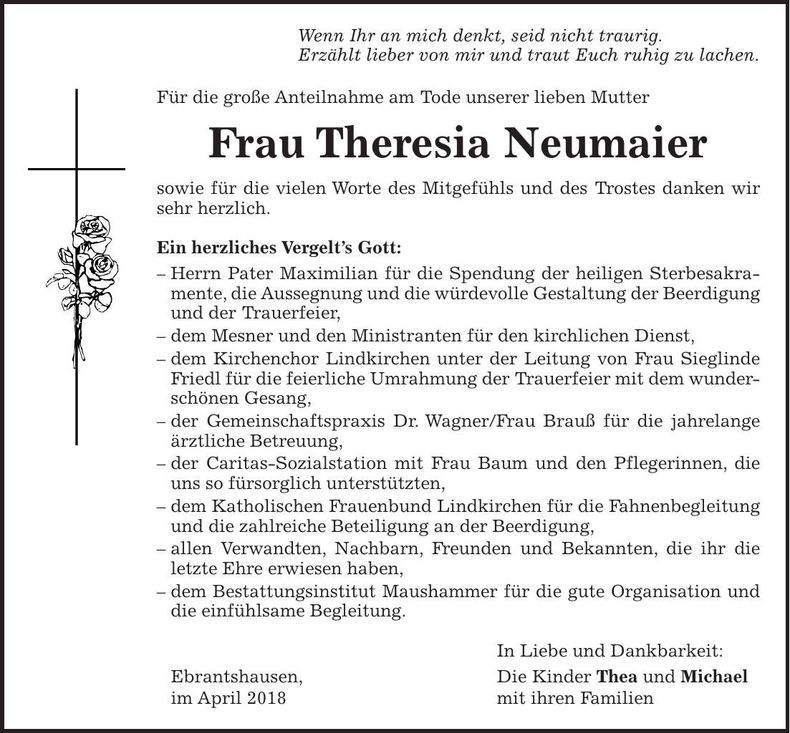 Traueranzeige Theresia Neumaier