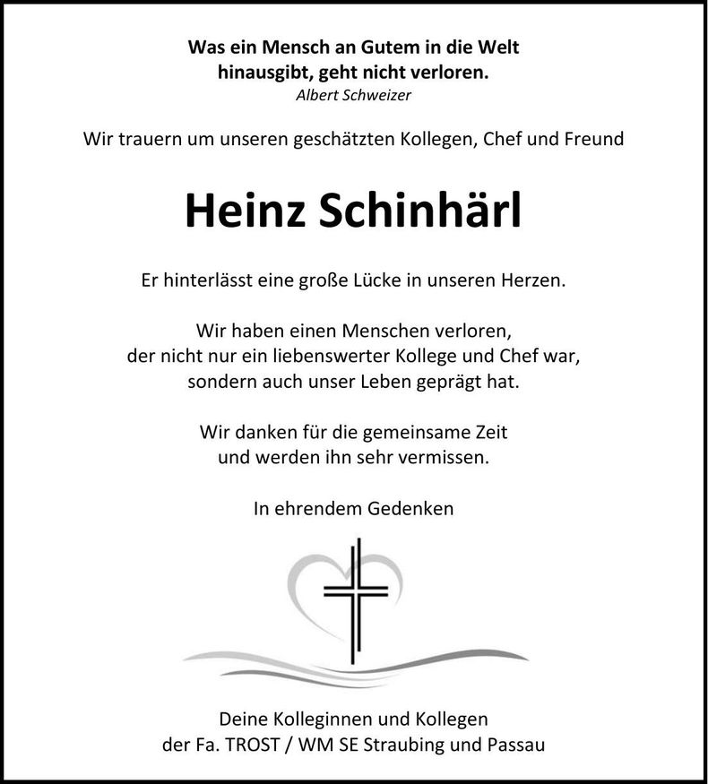 Traueranzeige Heinz Schinhärl