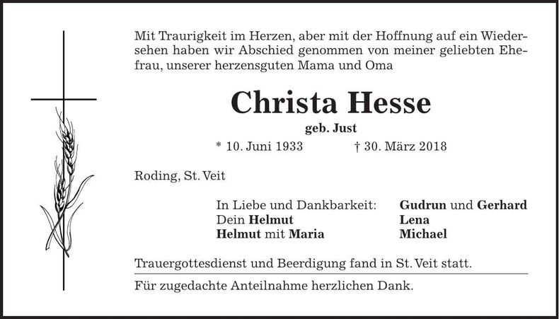 Traueranzeige Christa Hesse