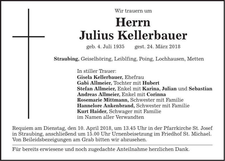 Traueranzeige Julius Kellerbauer