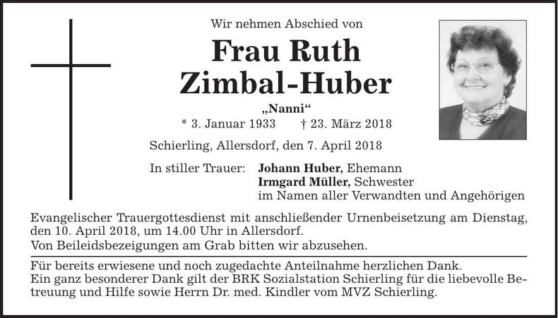 Traueranzeige Ruth Zimbal-Huber