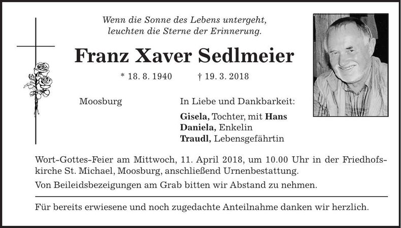Traueranzeige Franz Xaver Sedlmeier