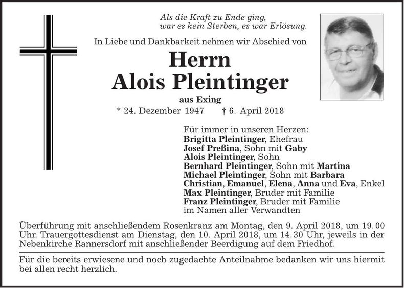 Traueranzeige Alois Pleintinger