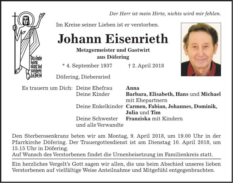 Traueranzeige Johann Eisenrieth