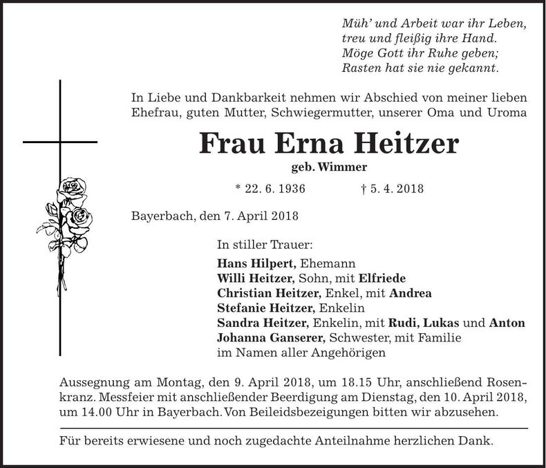 Traueranzeige Erna Heitzer