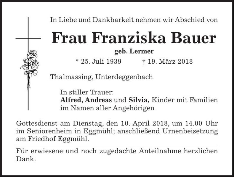 Traueranzeige Franziska Bauer