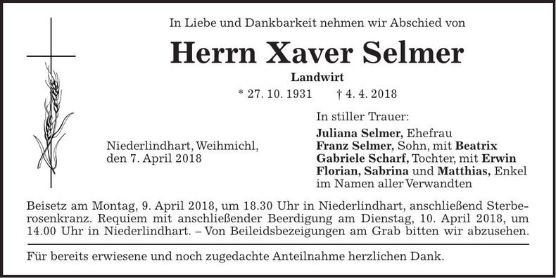 Traueranzeige Xaver Selmer