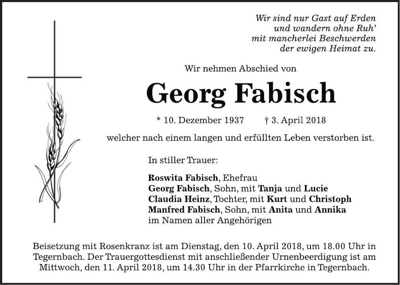 Traueranzeige Georg Fabisch
