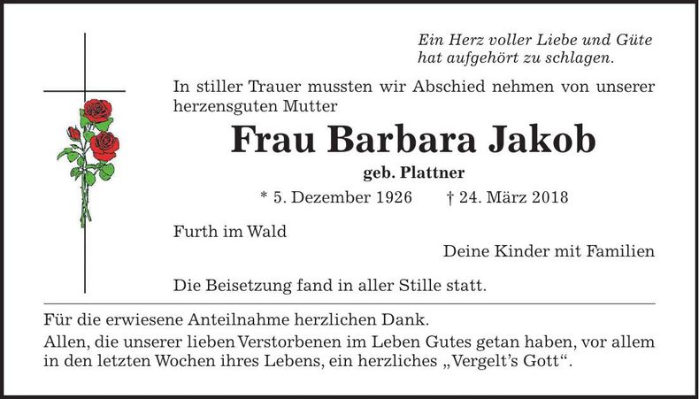 Traueranzeige Barbara Jakob
