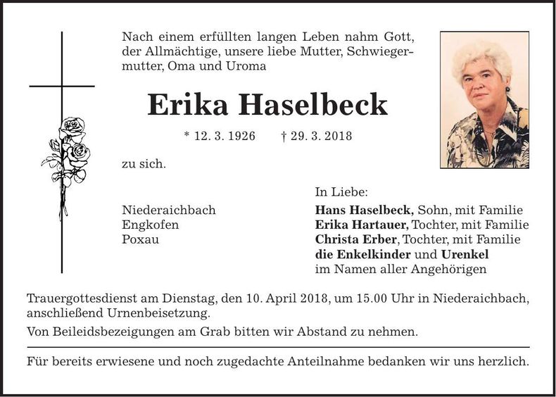 Traueranzeige Erika Haselbeck